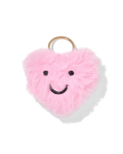 sleutelhanger 6x2.5cm fluffy hartvorm met gezichtje roze